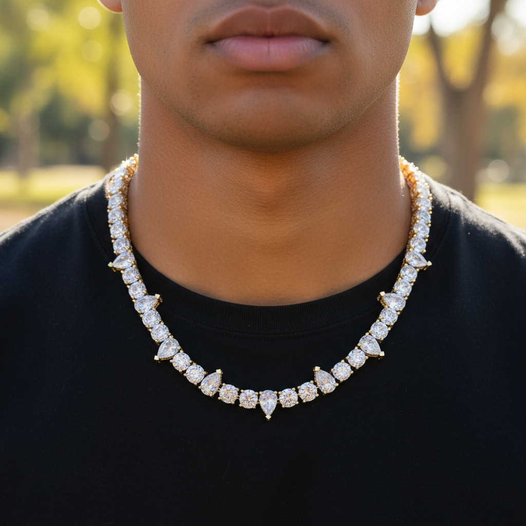 10mm Iced Out Out Round & Pear Cut Pave Tennis Chain Silver - Image 5