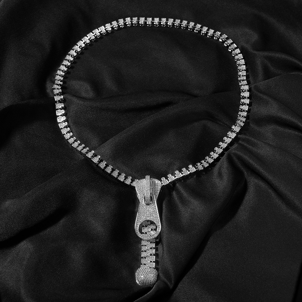7mm Ice Out Hop Hip Bling Collar Zipper Chain Necklace Silver - Image 3