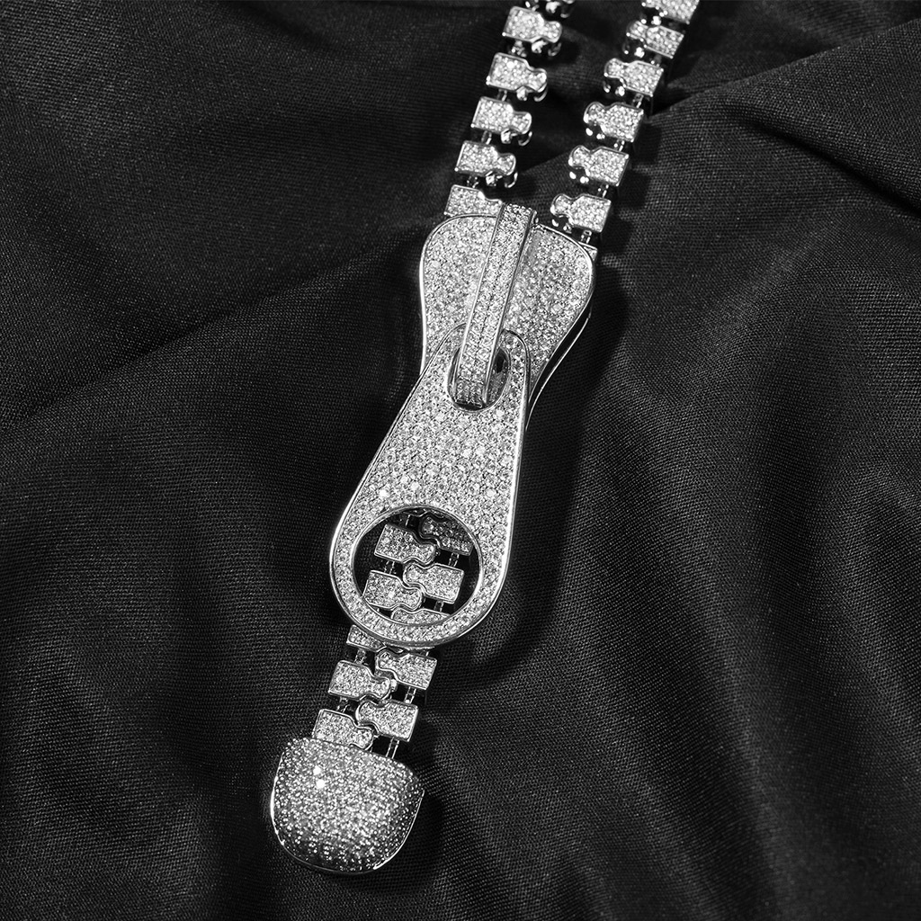 7mm Ice Out Hop Hip Bling Collar Zipper Chain Necklace Silver
