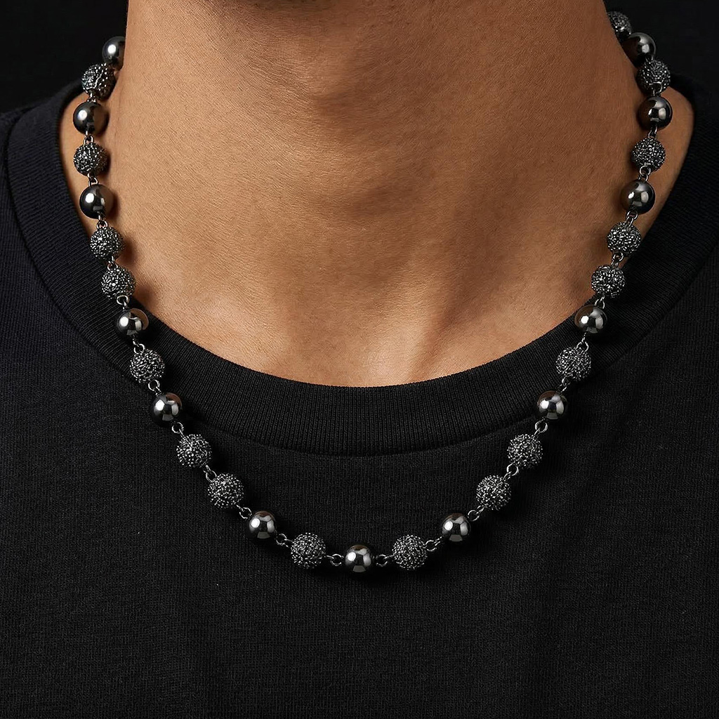 8mm Iced Out Beads Chain In Black Gold Plated With Street Luxury Shine