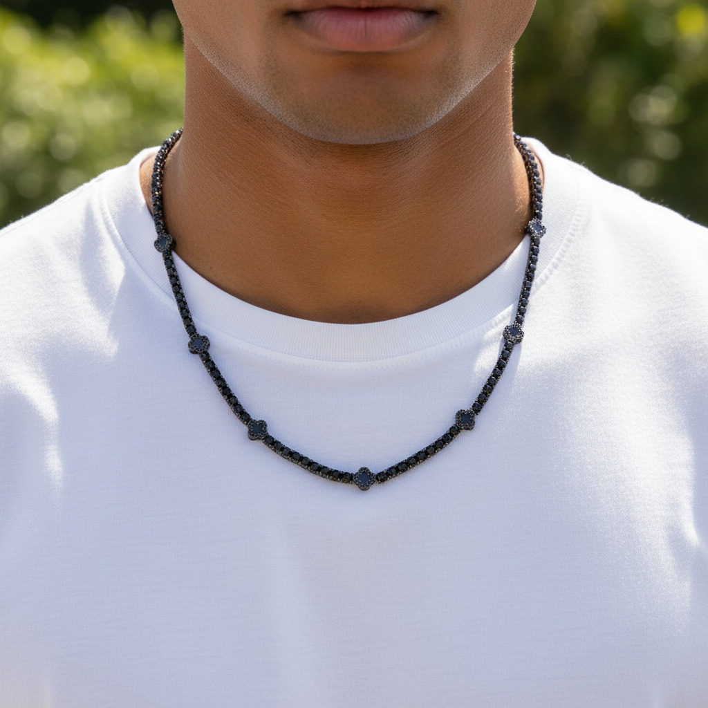Iced Out Out Black Four Leaf Clover Tennis Chain With Street Luxury Shine - Image 4