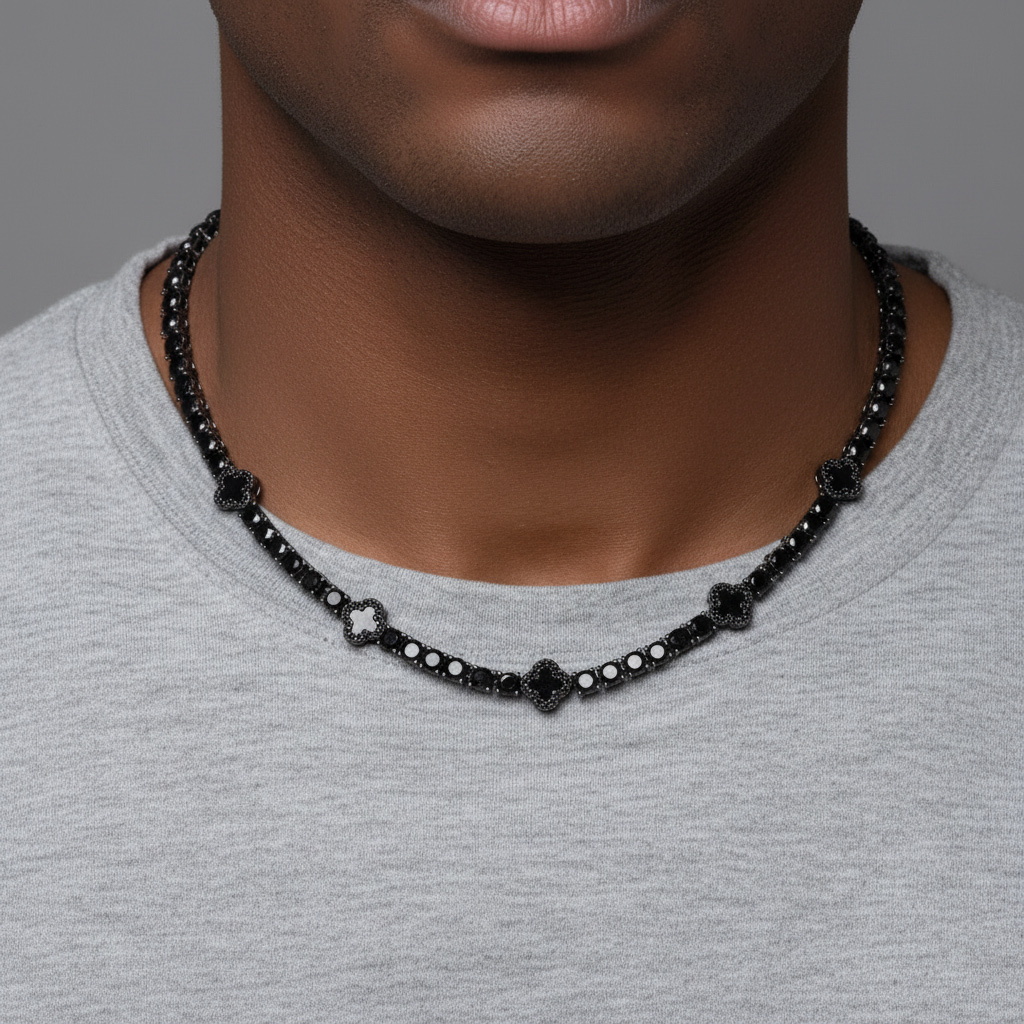 Iced Out Out Black Four Leaf Clover Tennis Chain With Street Luxury Shine