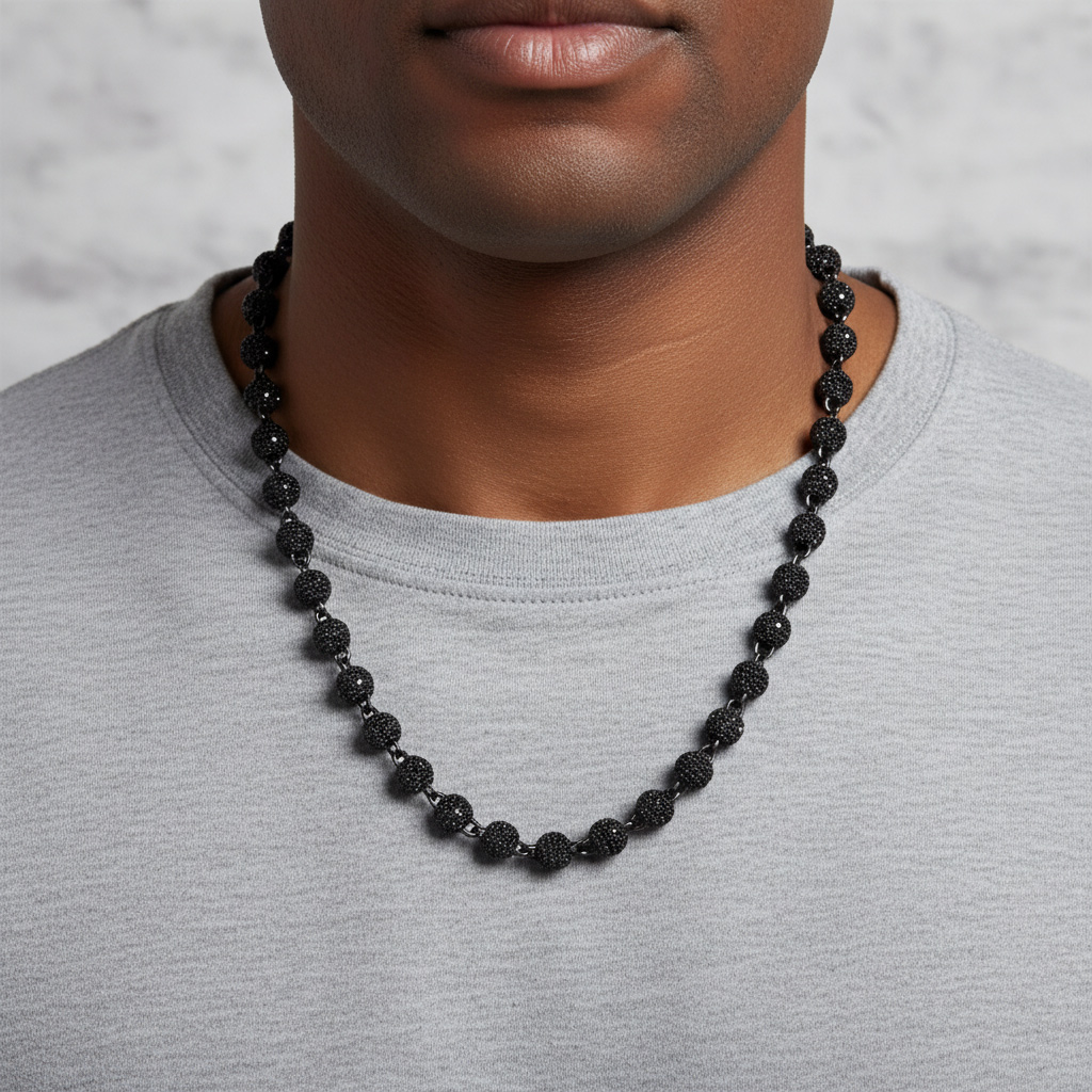 8mm Iced Out Beads Chain With Black Gold Plated With Street Luxury Shine