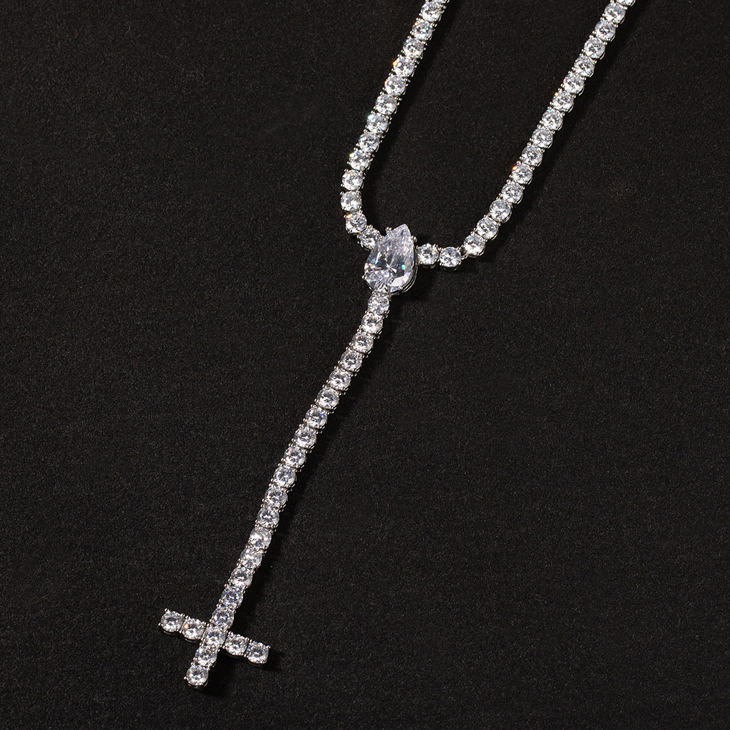 Iced Out Out Pear Cut Upside Down Cross Tennis Chain Necklace Silver - Image 3