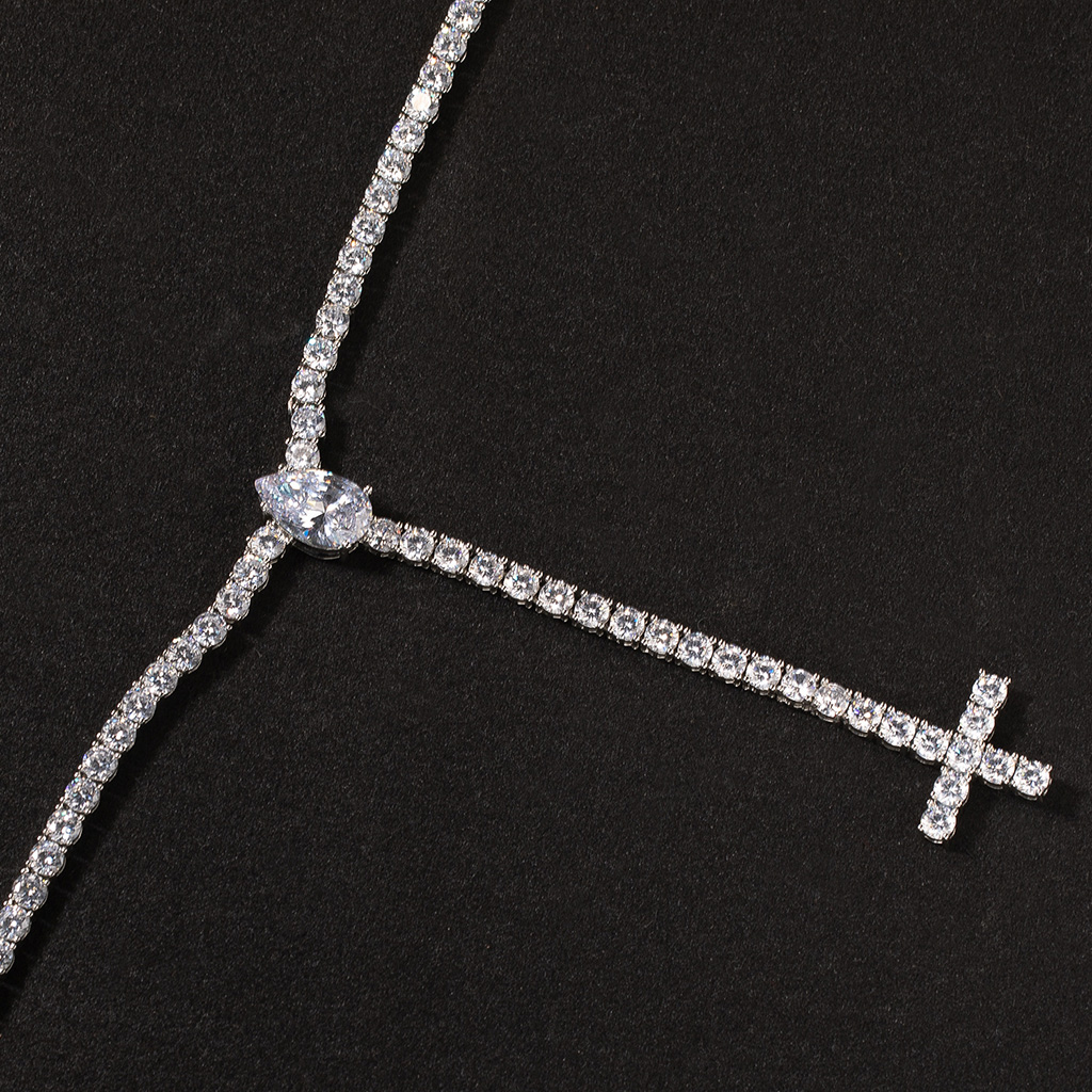Iced Out Out Pear Cut Upside Down Cross Tennis Chain Necklace Silver - Image 4