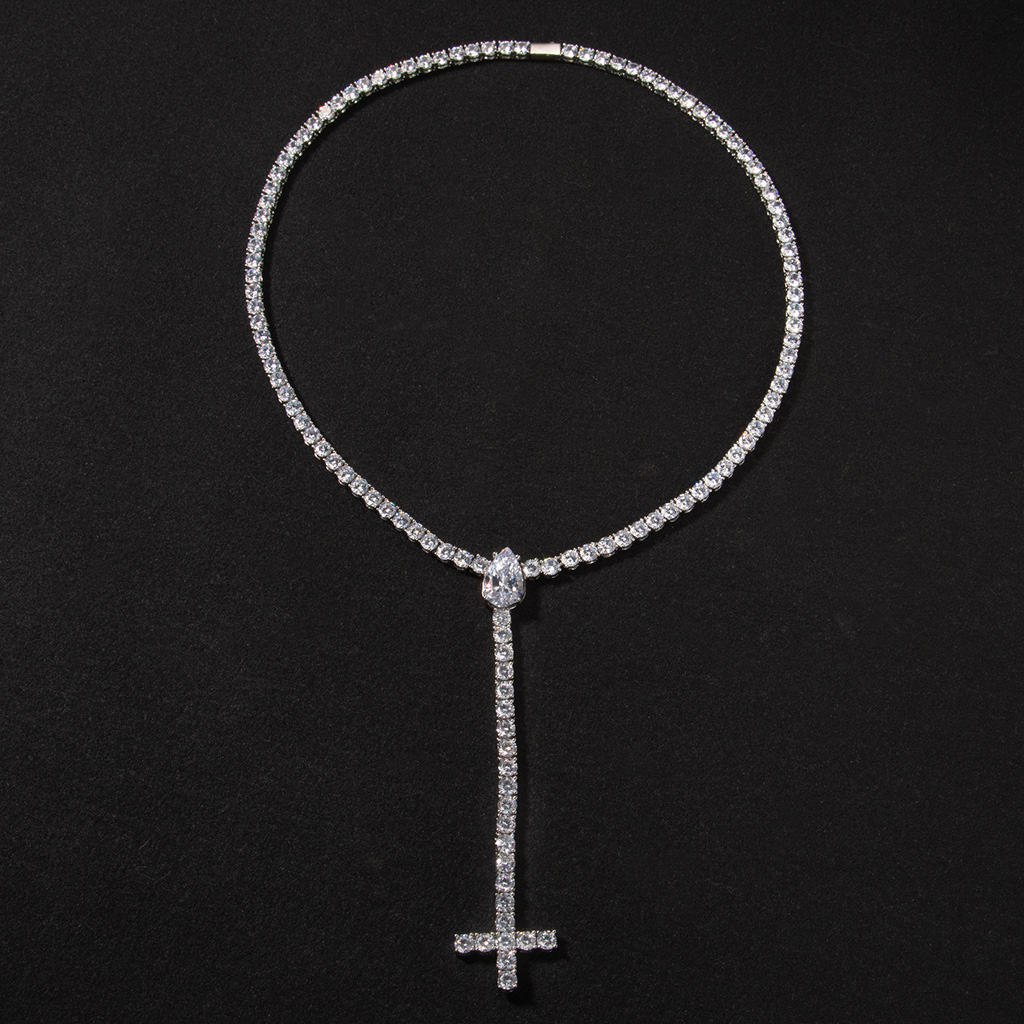 Iced Out Out Pear Cut Upside Down Cross Tennis Chain Necklace Silver - Image 5