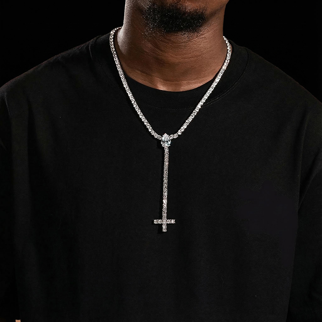 Iced Out Out Pear Cut Upside Down Cross Tennis Chain Necklace Silver - Image 6