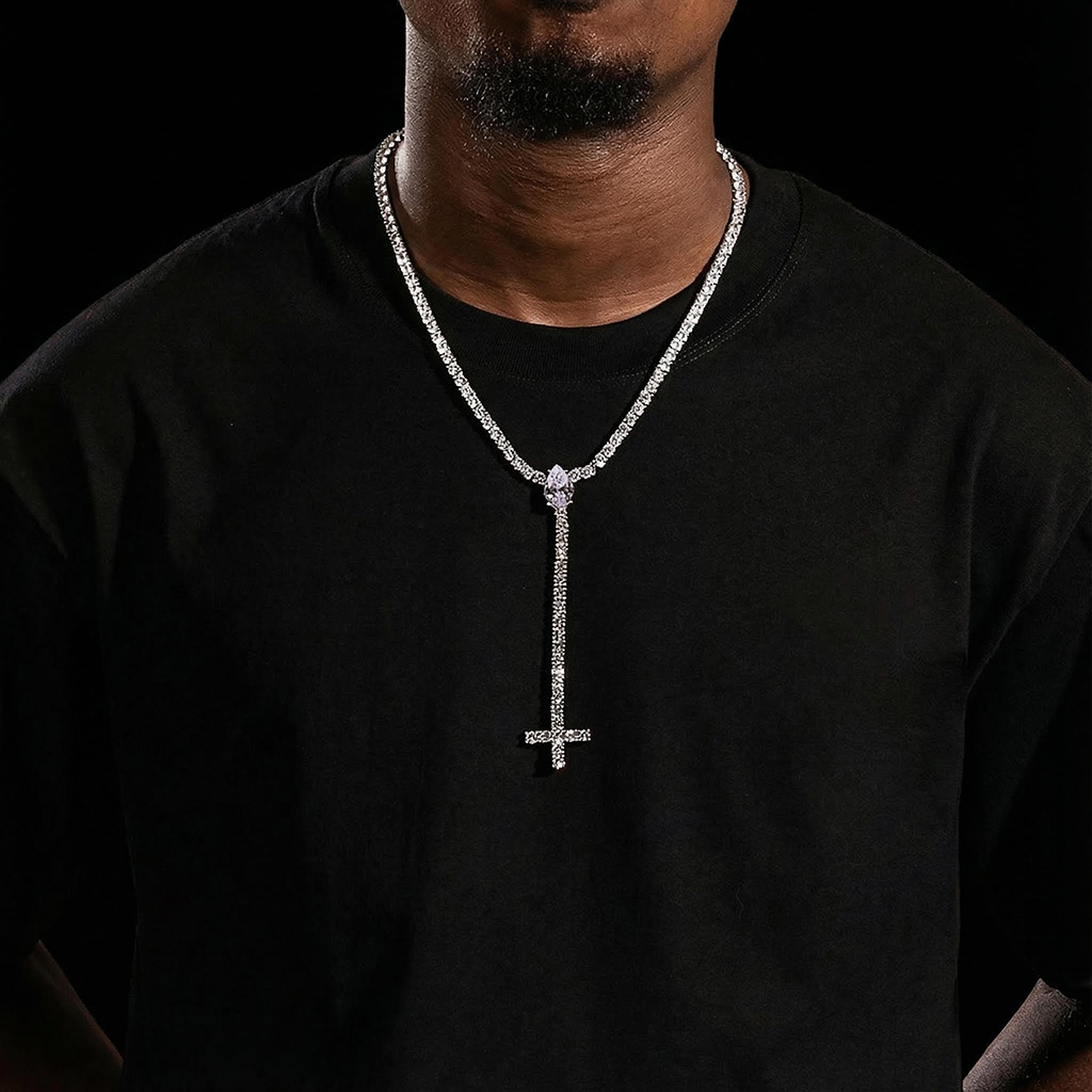 Iced Out Out Pear Cut Upside Down Cross Tennis Chain Necklace Silver - Image 7