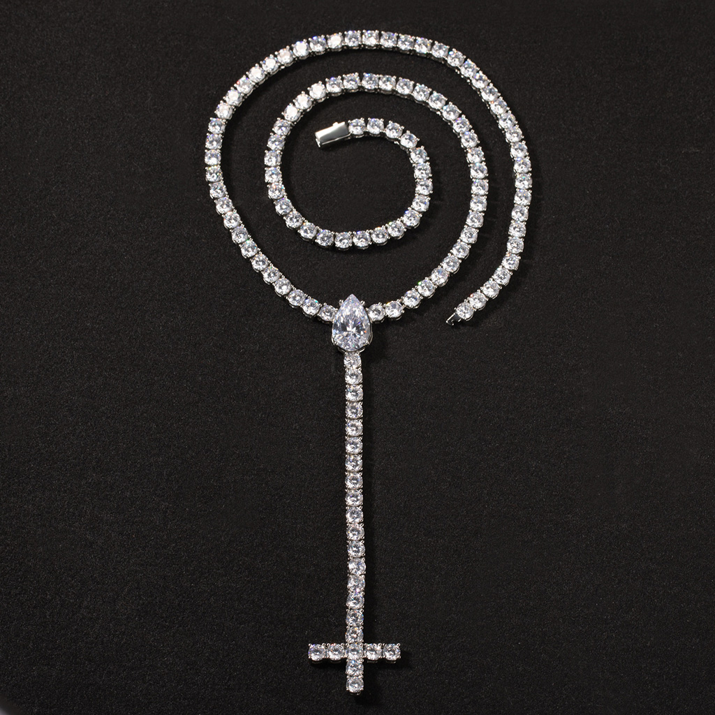 Iced Out Out Pear Cut Upside Down Cross Tennis Chain Necklace Silver