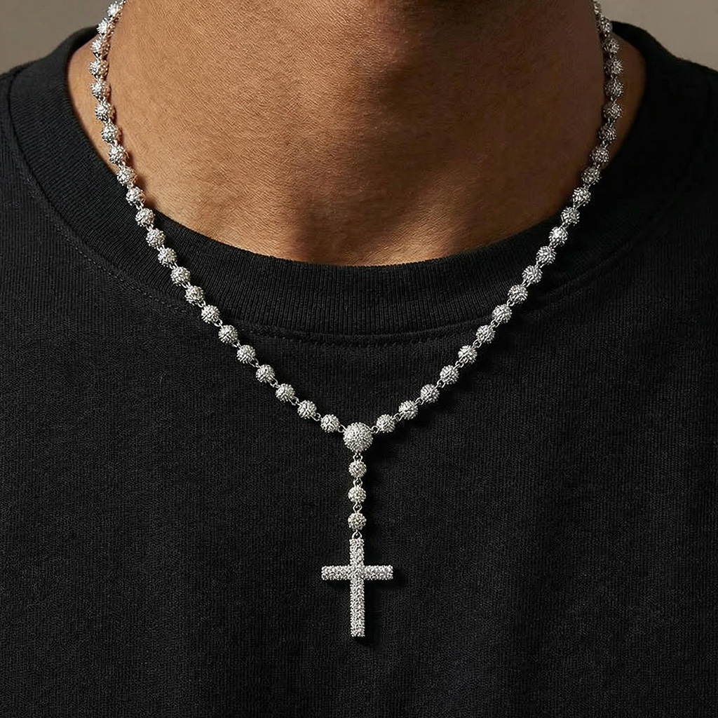 Iced Out Out Beads Cross Necklace Silver With Street Luxury Shine