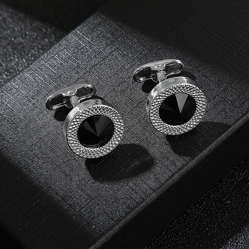 Round Sapphire/black Stone Cufflinks For Hip Hop Jewelry Style - Image 3