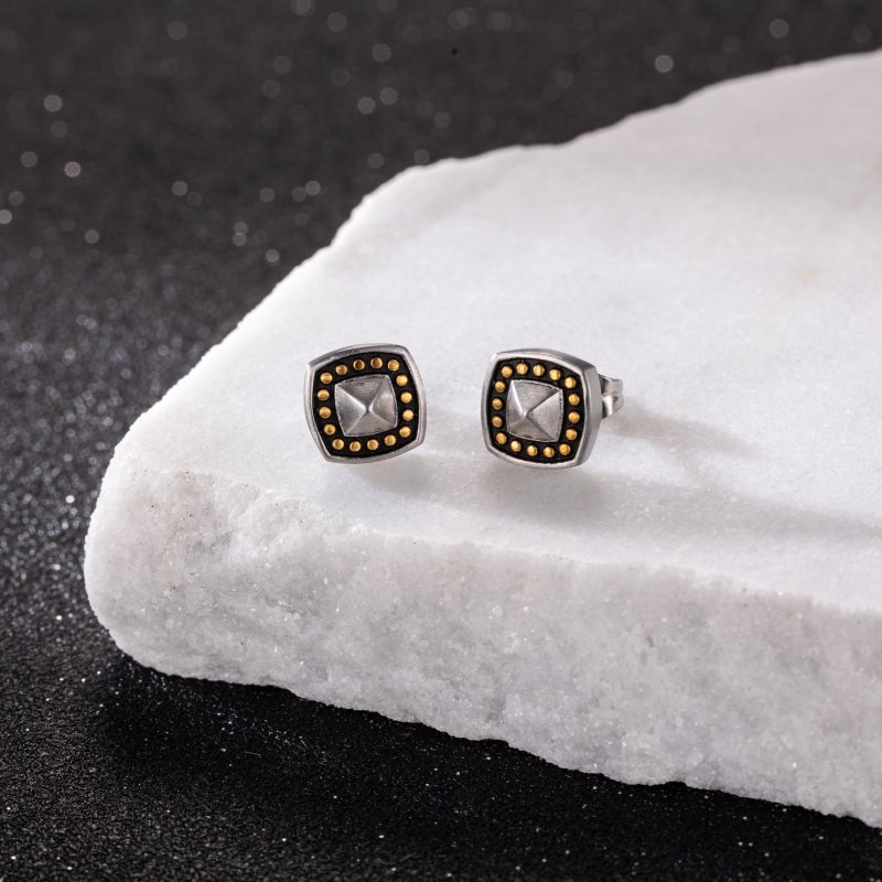 Golden Dots Pyramid Stud Earrings In White Gold With Street Luxury Shine - Image 4