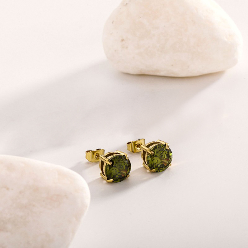 8mm Olive Green Stone Stud Earrings In Gold With Street Luxury Shine - Image 3