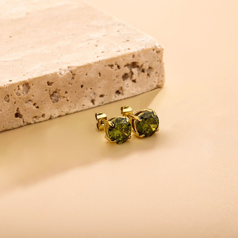 8mm Olive Green Stone Stud Earrings In Gold With Street Luxury Shine - Image 4
