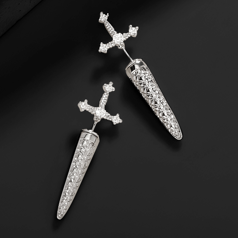 Sword Engraved Grid Pattern Stud Earrings Gold With Street Luxury Shine - Image 4
