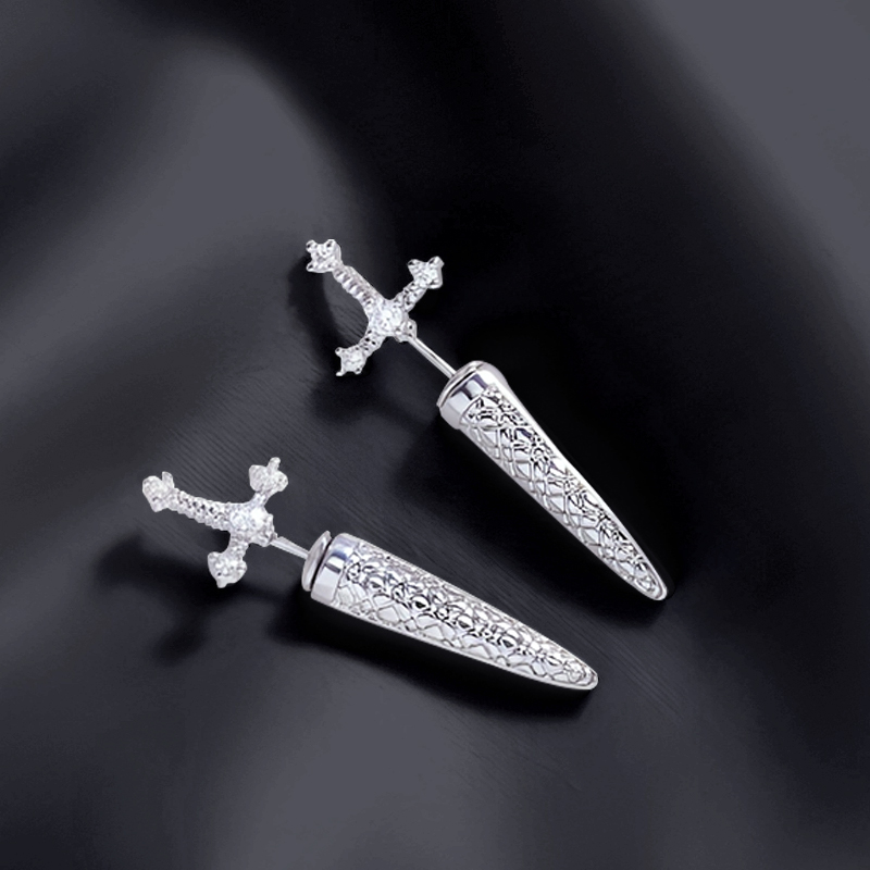 Sword Engraved Grid Pattern Stud Earrings Gold With Street Luxury Shine