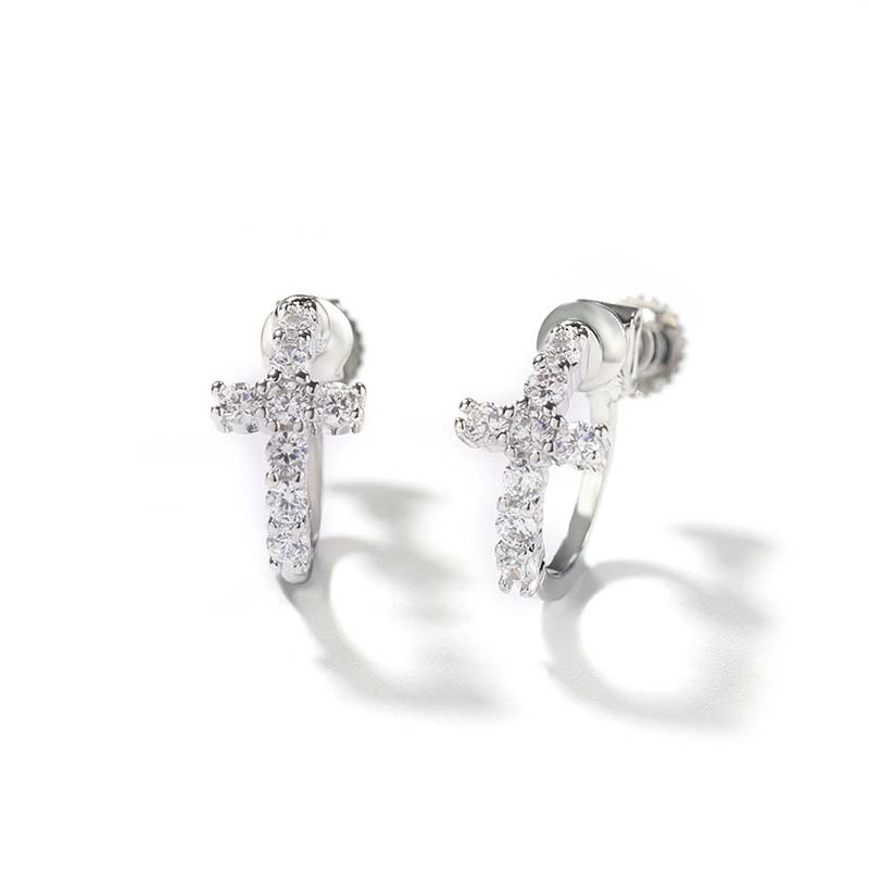 Iced Out Cross Screw Back Button No-pierced Earrings Gold - Image 5