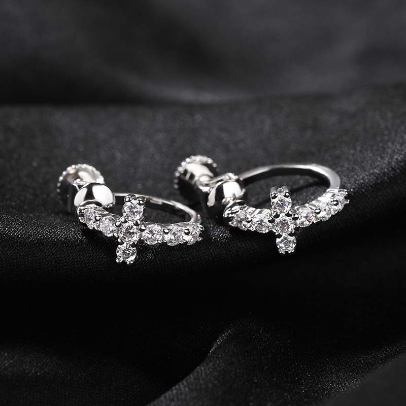 Iced Out Cross Screw Back Button No-pierced Earrings Gold
