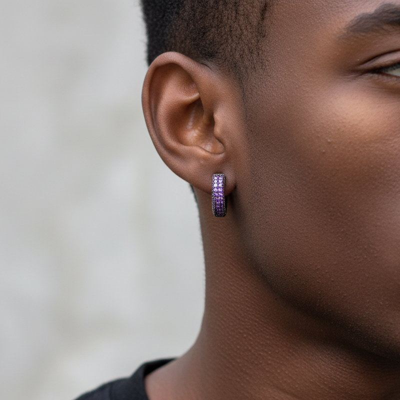 Purple Diamonds Hoop Earrings In Black Gold With Street Luxury Shine - Image 3