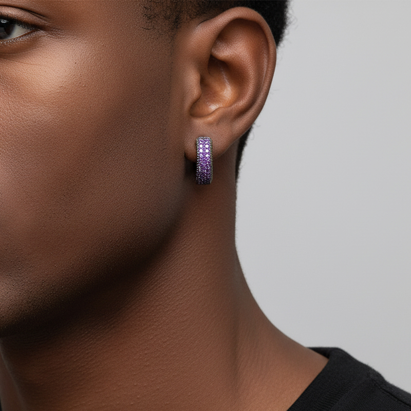 Purple Diamonds Hoop Earrings In Black Gold With Street Luxury Shine - Image 4