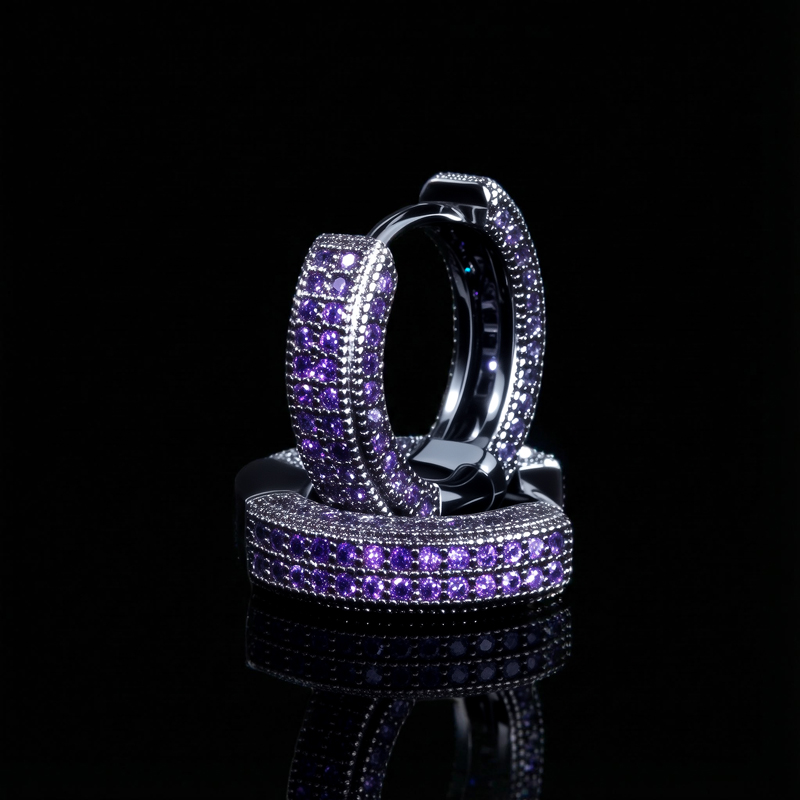 Purple Diamonds Hoop Earrings In Black Gold With Street Luxury Shine - Image 5