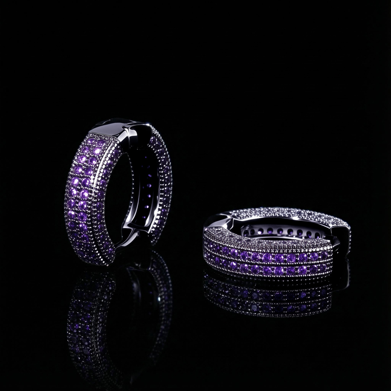 Purple Diamonds Hoop Earrings In Black Gold With Street Luxury Shine - Image 6
