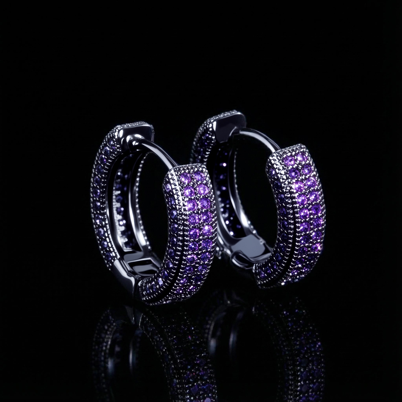 Purple Diamonds Hoop Earrings In Black Gold With Street Luxury Shine
