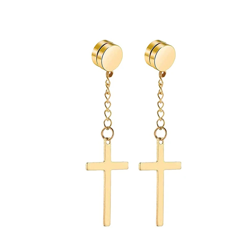 Dangle Chain Cross Magnetic Earrings Gold With Street Luxury Shine - Image 8
