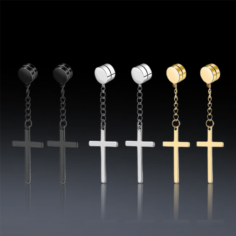 Dangle Chain Cross Magnetic Earrings Gold With Street Luxury Shine