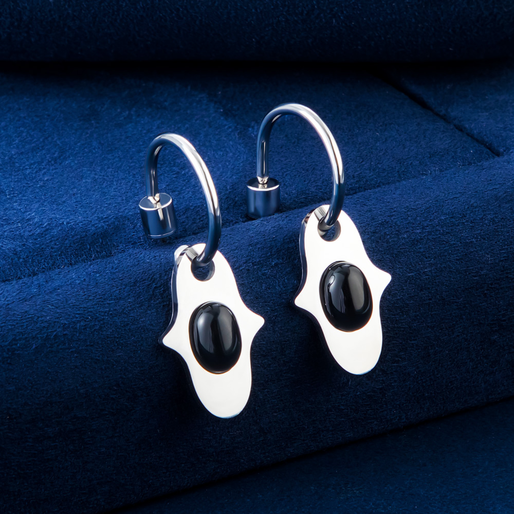 Hands Of Fatima Black Stone Two-way Dangle Earrings With Bold Premium Edge - Image 3