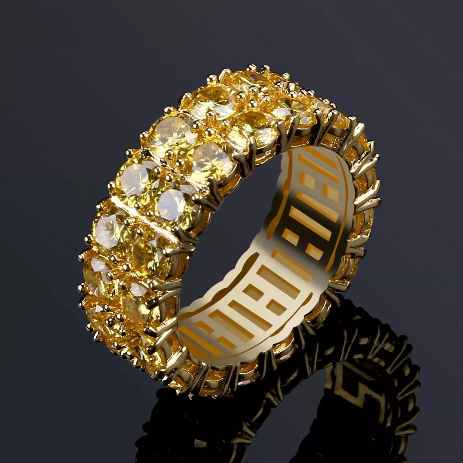 Iced Out 2-row Eternity Yellow Stone Band Ring With Street Luxury Shine