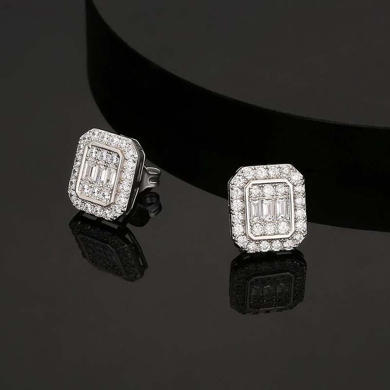 Baguette & Round Cut Octagonal Stud Earrings Gold With Street Luxury Shine - Image 3