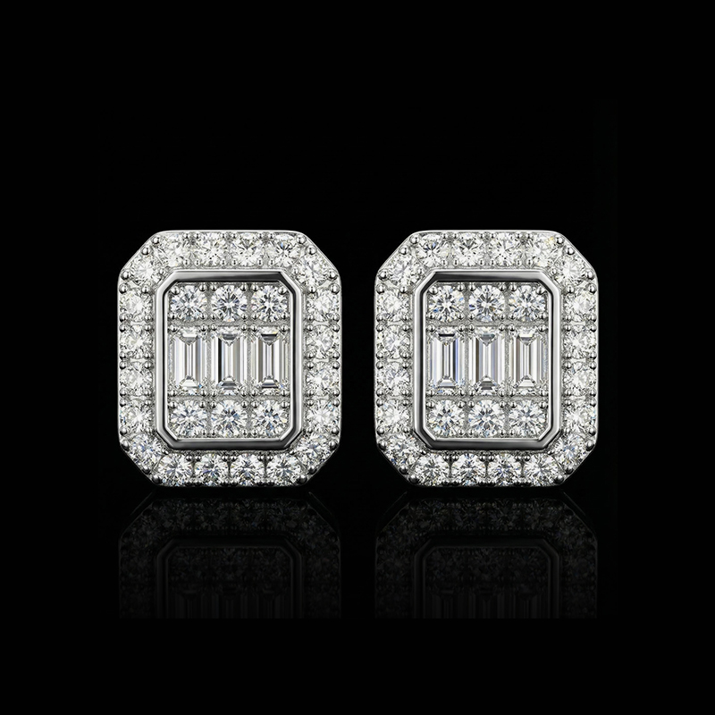 Baguette & Round Cut Octagonal Stud Earrings Gold With Street Luxury Shine - Image 4