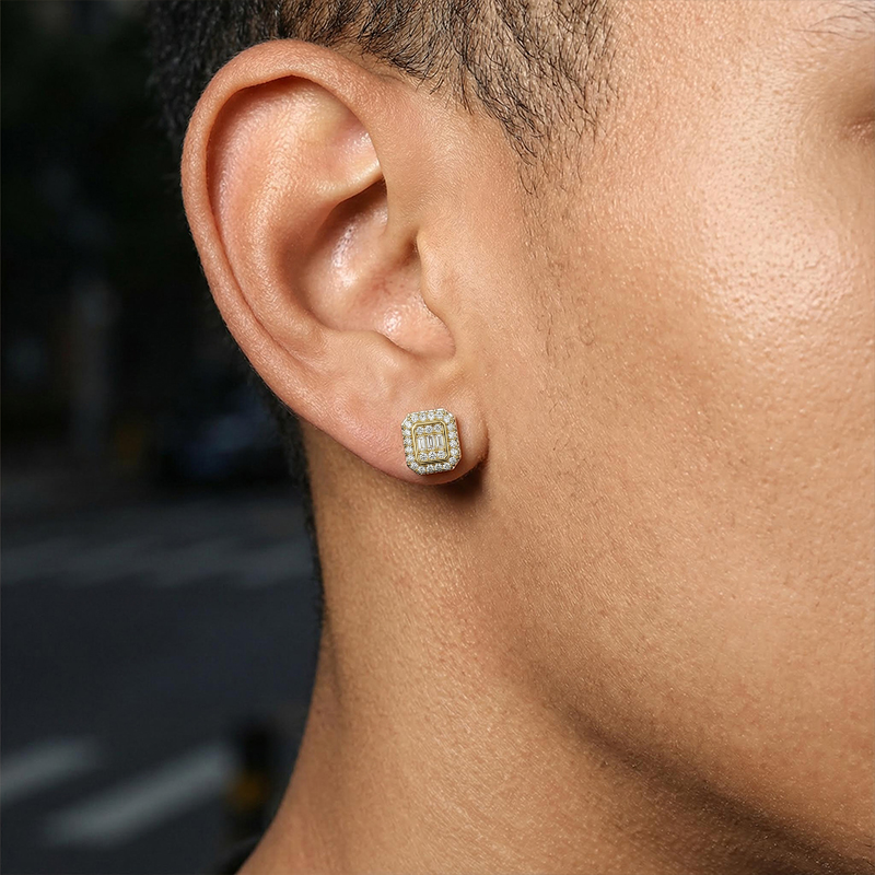 Baguette & Round Cut Octagonal Stud Earrings Gold With Street Luxury Shine - Image 5