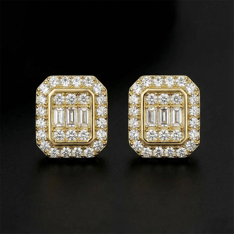 Baguette & Round Cut Octagonal Stud Earrings Gold With Street Luxury Shine - Image 6