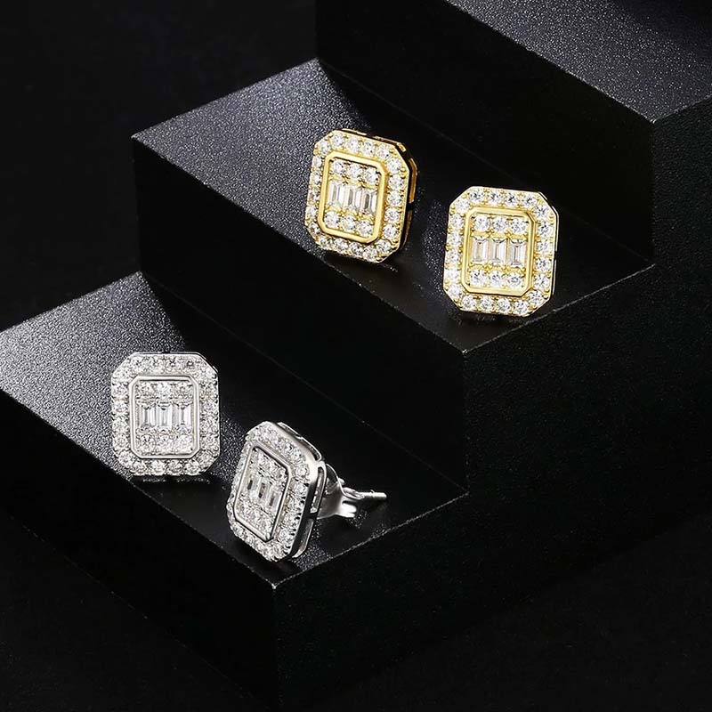 Baguette & Round Cut Octagonal Stud Earrings Gold With Street Luxury Shine - Image 7