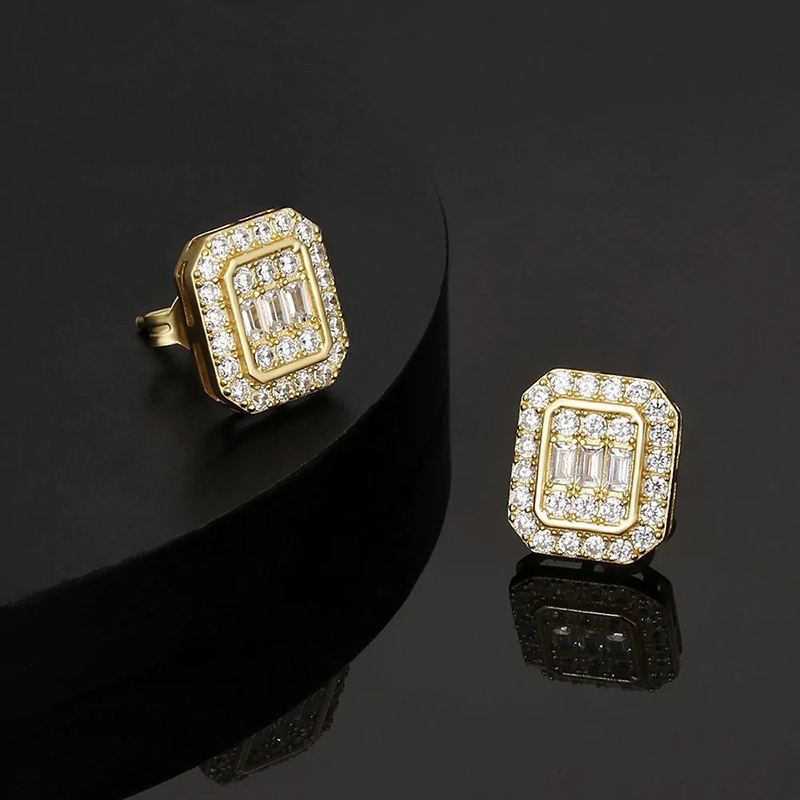 Baguette & Round Cut Octagonal Stud Earrings Gold With Street Luxury Shine - Image 8