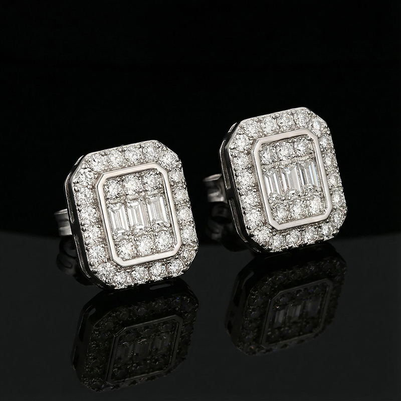 Baguette & Round Cut Octagonal Stud Earrings Gold With Street Luxury Shine - Image 9