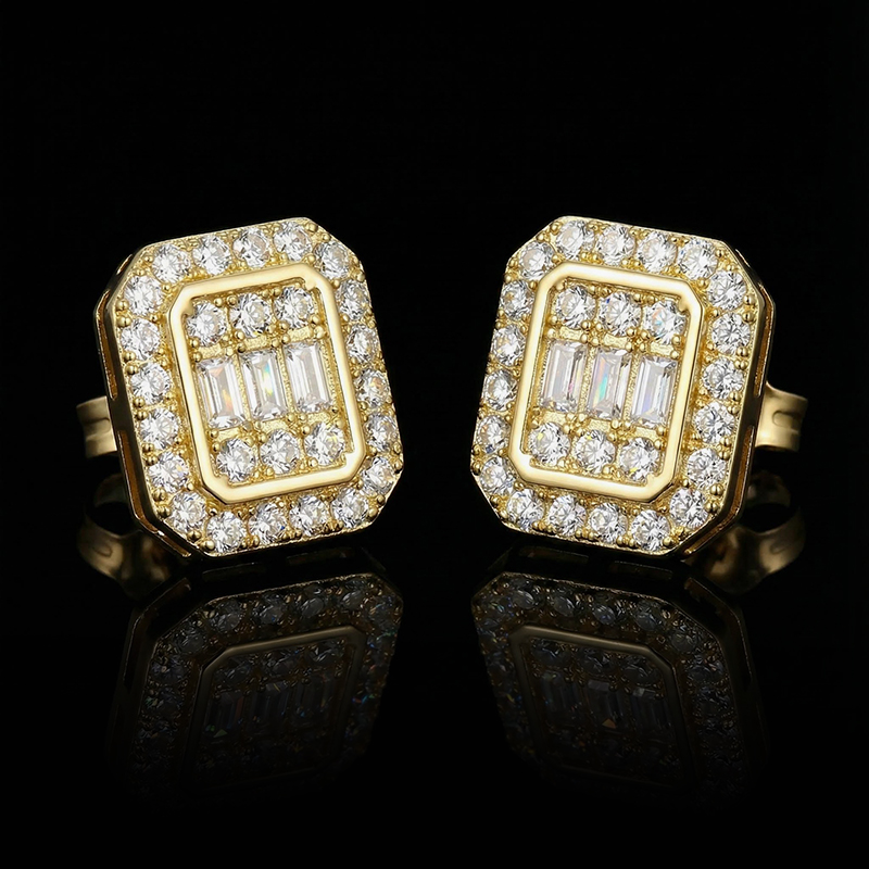 Baguette & Round Cut Octagonal Stud Earrings Gold With Street Luxury Shine
