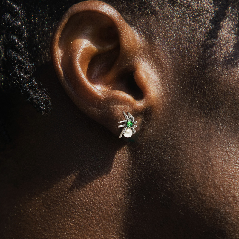 Spider Pearl & Emerald Green Diamond Stud Earrings With Iced Out Shine - Image 3