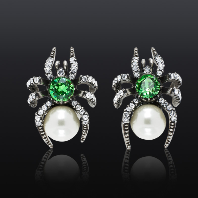 Spider Pearl & Emerald Green Diamond Stud Earrings With Iced Out Shine