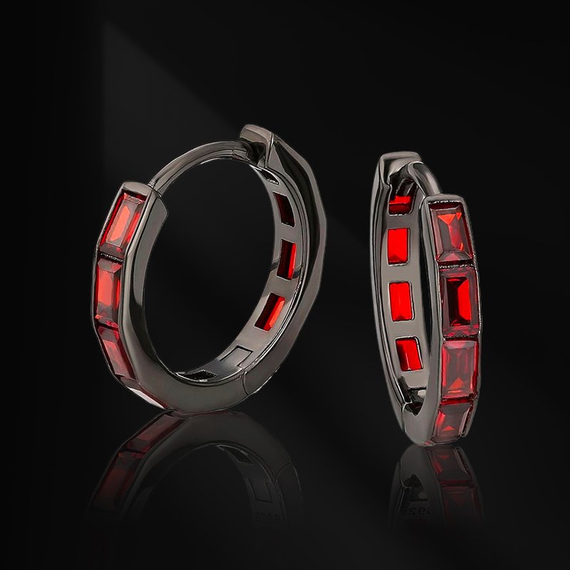 Baguette Cut Red Diamonds Black Hoop Earrings Gold With Street Luxury Shine