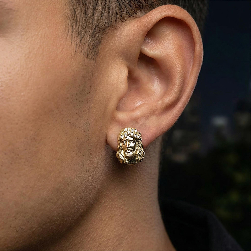Iced Out Three-dimensional Jesus Face Stud Earrings Gold - Image 3