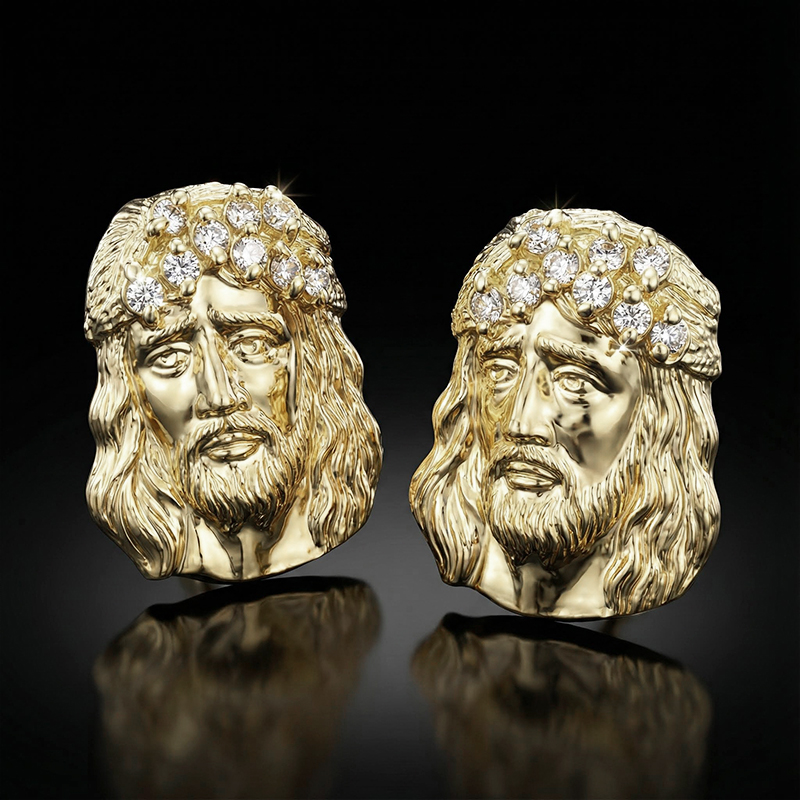 Iced Out Three-dimensional Jesus Face Stud Earrings Gold - Image 4