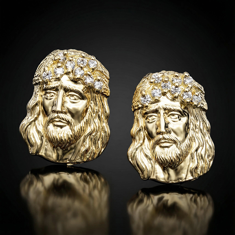 Iced Out Three-dimensional Jesus Face Stud Earrings Gold