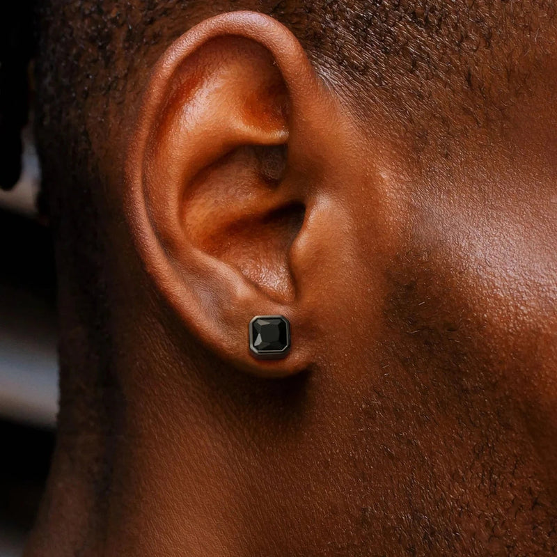 Black Stones Octagonal Stud Earrings Gold With Street Luxury Shine