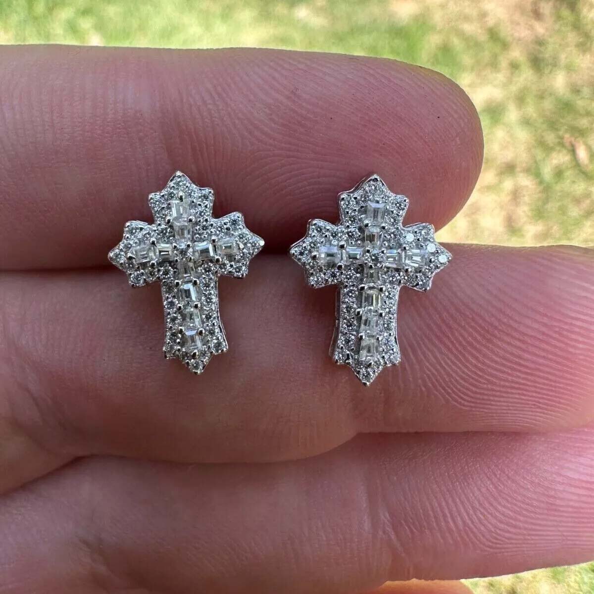 Iced Out Baguette Cut Cross Stud Earrings Gold With Street Luxury Shine - Image 3