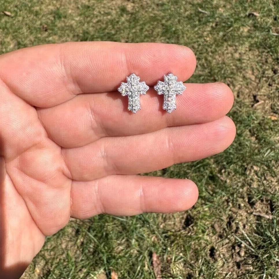 Iced Out Baguette Cut Cross Stud Earrings Gold With Street Luxury Shine - Image 5