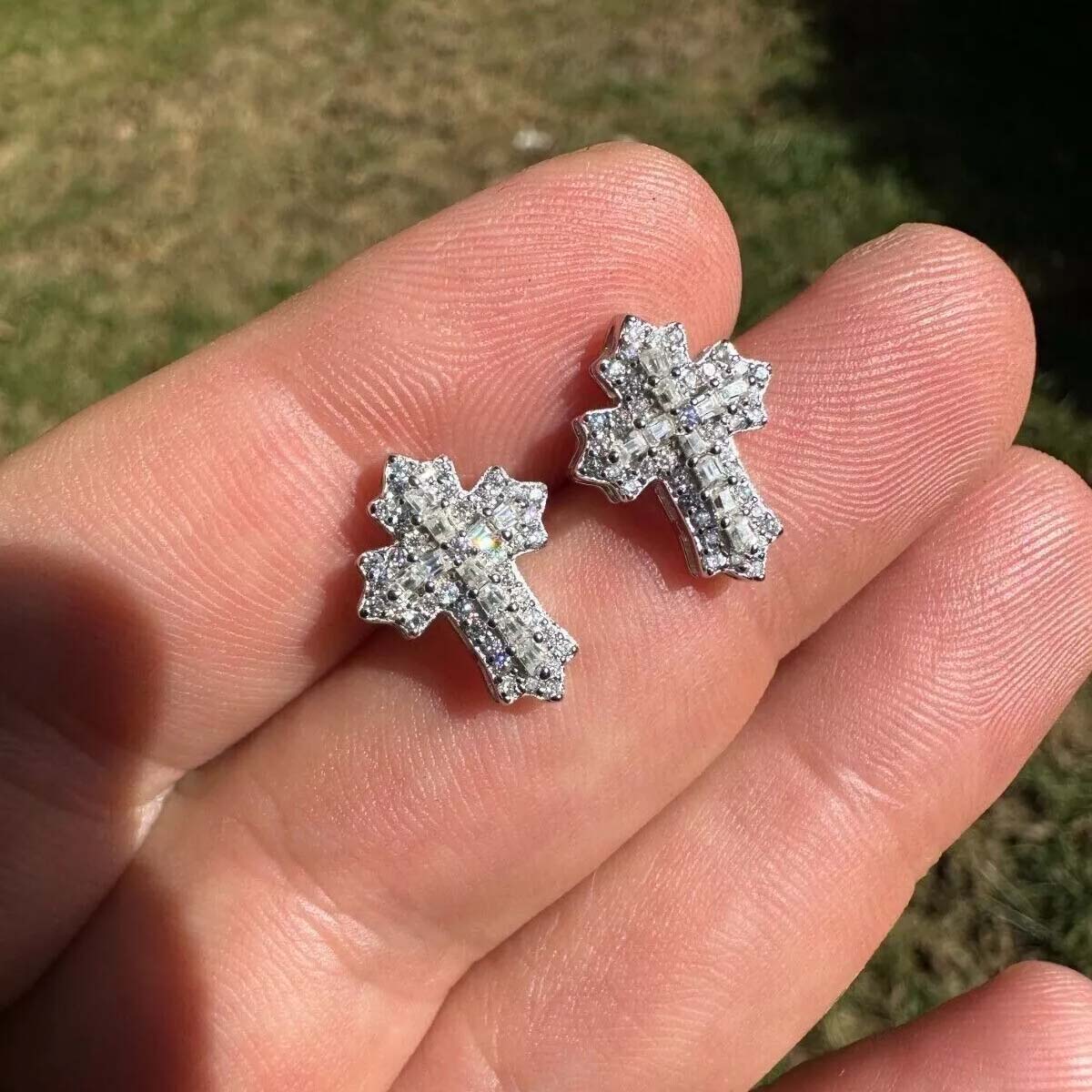 Iced Out Baguette Cut Cross Stud Earrings Gold With Street Luxury Shine - Image 6