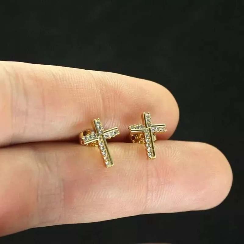 Irregular Iced Out Cross Stud Earrings Gold With Street Luxury Shine - Image 4